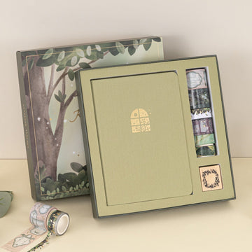 Tsuki ‘Komorebi’ Limited Edition Bullet Journal Set by Notebook Therapy opened box containing notebook, 6 washi tapes and a stamp
